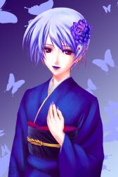  bad_id bad_pixiv_id blue_hair bug butterfly chaos;head commentary_request eyeshadow female flower hair_ornament japanese_clothes kishimoto_ayase lipstick looking_at_viewer makeup nail_polish purple_eyes purple_lips robber-krzk short_hair smile solo 