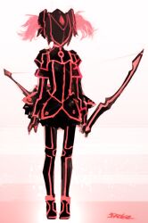  bow_(weapon) commentary dress female kaname_madoka kaname_madoka_(magical_girl) kazeco magical_girl mahou_shoujo_madoka_magica mahou_shoujo_madoka_magica_(anime) neon_trim parody photoshop_(medium) solo tron tron:_legacy twintails visor weapon 