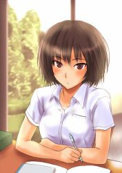  amagami black_hair blush bob_cut book brown_eyes commentary_request desk dress_shirt expressionless female mechanical_pencil murasaki_iro nanasaki_ai pencil shirt short_hair solo tree window 