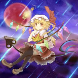  ascot black_thighhighs blonde_hair bunchou_(bunchou3103) commentary_request female flandre_scarlet hat laevatein_(touhou) lantern moon oerba_yun_fang open_mouth red_eyes red_moon shooting_star side_ponytail skirt smile solo thighhighs touhou wings 