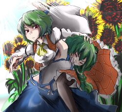  2girls abdominal_stretch armpits ascot commentary_request crying dress flower green_hair highres kazami_yuuka kochiya_sanae long_hair midriff multiple_girls navel pain pantyhose perspective ryona sadism short_hair submission_hold sunflower sunlight touhou wakie wince wrestling 