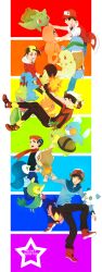  5boys backwards_hat baseball_cap beret black_hair brendan_(pokemon) brown_hair bulbasaur charmander chikorita chimchar commentary_request copyright_name cyndaquil english_text ethan_(pokemon) flame-tipped_tail hat highres hilbert_(pokemon) ichiko365 lucas_(pokemon) mudkip multiple_boys oshawott photoshop_(medium) piplup pokemon pokemon_(creature) pokemon_bw pokemon_dppt pokemon_gsc pokemon_rgby pokemon_rse rainbow_background red_(pokemon) snivy squirtle star_(symbol) starter_pokemon_trio tepig torchic totodile treecko turtwig 