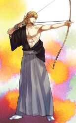  1boy archery bad_id bad_pixiv_id bare_shoulders barnaby_brooks_jr. blonde_hair bow_(weapon) gloves green_eyes hadanugi_dousa hakama hakama_skirt japanese_clothes kimono kyuudou male_focus open_clothes open_kimono partially_fingerless_gloves single_glove skirt solo tabi takagi_takumi tiger_&amp;_bunny weapon yugake yumi_(bow) 