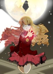  blonde_hair commentary_request doll drill_hair female full_moon glowing glowing_eyes kami_nomi_zo_shiru_sekai kujou_tsukiyo long_hair luna_(kaminomi) moon night night_sky outstretched_hand purple_eyes school_uniform skirt sky trefle_r 