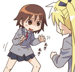  2girls angry blonde_hair blue_eyes blush brown_eyes brown_hair commentary_request hair_ribbon kill_me_baby long_hair long_sleeves lowres multiple_girls namu_(nurui_cha) necktie open_mouth oribe_yasuna ribbon school_uniform short_hair skirt smile sonya_(kill_me_baby) translated trembling twintails white_background 