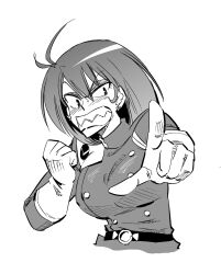  abemorioka belt clenched_teeth commentary_request earrings female fushigi_no_umi_no_nadia gloves grandis_granva greyscale jewelry monochrome pointing short_hair simple_background solo teeth 