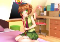  antenna_hair bare_arms bare_shoulders barefoot bedroom blush brown_hair cardcaptor_sakura desk desk_lamp female green_eyes green_shirt green_skirt hair_ribbon holding holding_wand hoshi_no_tsue indoors kinomoto_sakura lamp looking_at_viewer mutsuki_(moonknives) necktie on_bed open_mouth photoshop_(medium) red_necktie red_ribbon ribbon shirt short_hair sitting skirt sleeveless sleeveless_shirt solo two_side_up wand wariza window 