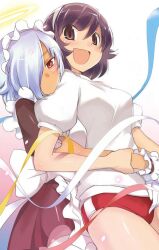  2girls alternate_costume apron black_hair blue_hair blush breasts brown_eyes buruma commentary cover cover_page dark-skinned_female dark_skin detexted dual_persona english_commentary enmaided frilled_apron frills hair_over_one_eye hairband halo hug hug_from_behind kami_nomi_zo_shiru_sekai maid md5_mismatch medium_breasts mercurius_(kaminomi) multiple_girls red_eyes resolution_mismatch short_hair source_larger takahara_ayumi thighhighs third-party_edit wakaki_tamiki 