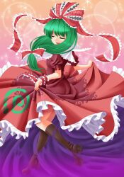  arm_ribbon boots bow breasts closed_eyes commentary_request dress female frills front_ponytail hair_ornament hair_ribbon hairbow highres kagiyama_hina long_hair medium_breasts open_mouth red_dress ribbon shimouki_izui skirt_hold smile solo spinning touhou 