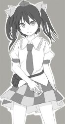  ayasugi_tsubaki cellphone commentary_request female greyscale hat himekaidou_hatate long_hair monochrome necktie open_mouth phone photoshop_(medium) pouch puffy_sleeves short_sleeves solo standing tokin_hat touhou twintails 