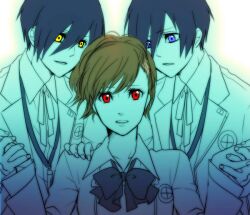  2boys bad_id bad_pixiv_id blue_eyes blue_hair bow brown_hair dark_persona digital_media_player female gekkoukan_high_school_uniform hair_ornament multiple_boys okitdo persona persona_3 persona_3_portable red_eyes ribbon school_uniform shadow_(persona) shiomi_kotone short_hair yellow_eyes yuuki_makoto_(persona_3) 