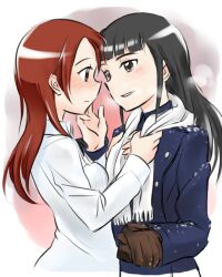  2girls black_hair blush breath brown_eyes commentary_request gloves jacket long_hair minna-dietlinde_wilcke mukiki multiple_girls red_eyes red_hair sakamoto_mio scarf smile strike_witches world_witches_series yuri 