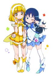  2girls blonde_hair blue_choker blue_eyes blue_hair blue_skirt boots bow brooch choker commentary_request cosplay covered_navel cure_marine cure_marine_(cosplay) cure_peace cure_peace_(cosplay) hairband heart heart_brooch heartcatch_precure! henreader high_heels jewelry kurumi_erika long_hair multiple_girls one_eye_closed precure ribbon self_cosplay shoes short_hair shorts shorts_under_skirt skirt smile smile_precure thighhighs v white_hairband white_thighhighs yayoi_kise yellow_bow yellow_eyes yellow_shorts yellow_skirt 