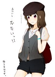  alternate_hairstyle bad_id bad_pixiv_id bag bracelet brown_hair cabbie_hat casual female hair_down hand_in_pocket handbag hat hot jewelry k-on! machahiro_(shiitake) purple_eyes shorts solo suzuki_jun sweat translation_request vest wavy_mouth 