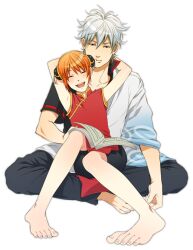  1boy bad_id bad_pixiv_id barefoot blue_eyes bun_cover cheek_press chinese_clothes double_bun female gintama hair_bun japanese_clothes kagura_(gintama) noodle_(nnoddlee) orange_hair reading red_eyes sakata_gintoki simple_background sitting sitting_on_lap sitting_on_person white_background white_hair 