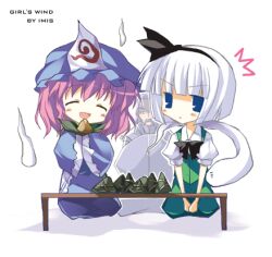  1boy 2girls ^^^ ^_^ bad_id bad_pixiv_id blue_eyes closed_eyes facial_hair food hair_ribbon hairband hat hitodama imis konpaku_youki konpaku_youmu konpaku_youmu_(ghost) long_sleeves lowres moustache multiple_girls open_mouth pink_hair puffy_sleeves ribbon saigyouji_yuyuko seiza short_sleeves sitting table touhou triangular_headpiece white_hair wide_sleeves zongzi 