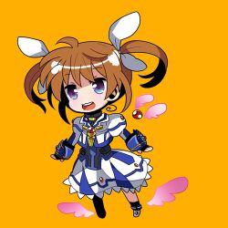  armor bad_id bad_pixiv_id brown_hair chibi commentary_request dress female fingerless_gloves gloves hair_ribbon lowres lyrical_nanoha magical_girl mahou_shoujo_lyrical_nanoha mahou_shoujo_lyrical_nanoha_a&#039;s mahou_shoujo_lyrical_nanoha_the_movie_2nd_a&#039;s open_mouth puffy_sleeves purple_eyes raising_heart raising_heart_(standby_mode) ribbon short_twintails simple_background solo takamachi_nanoha takamachi_nanoha_(exelion_mode) twintails unmaki 