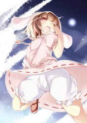  animal_ears bad_id bad_pixiv_id bloomers brown_hair carrot female inaba_tewi one_eye_closed open_mouth puffy_sleeves rabbit_ears red_eyes ribbon-trimmed_clothes ribbon-trimmed_sleeves ribbon-trimmed_underwear ribbon_trim salt_lemon short_hair short_sleeves solo touhou underwear 