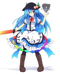  bad_id bad_pixiv_id blue_hair female food fruit fuuen_(akagaminanoka) geokinesis hat hinanawi_tenshi keystone leaf long_hair orange_eyes peach puffy_sleeves rock rope short_sleeves solo standing sword sword_of_hisou touhou very_long_hair weapon white_background 