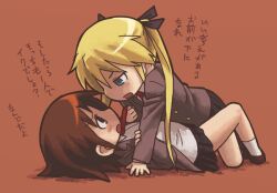  2girls blonde_hair blue_eyes brown_eyes brown_hair commentary_request kill_me_baby multiple_girls namu_(nurui_cha) necktie open_mouth oribe_yasuna school_uniform short_hair skirt sonya_(kill_me_baby) translation_request twintails yuri 