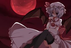  bat_wings black_thighhighs blood blue_hair commentary_request female full_moon hat looking_at_viewer moon oerba_yun_fang red_eyes red_moon remilia_scarlet sakura-no short_hair solo thighhighs touhou wings 