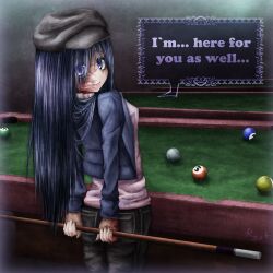  black_air blue_eyes burn female hat highres ikezawa_hanako katawa_shoujo pool_ball pool_stick pool_table ray-k scar solo 