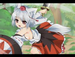  animal_ears bad_id bad_pixiv_id breasts bush detached_sleeves female hat inubashiri_momiji large_breasts letterboxed mobu_(nonoichi) open_mouth red_eyes shield short_hair sideboob solo sword tail tokin_hat touhou tree weapon white_hair wide_sleeves wolf_ears wolf_tail 