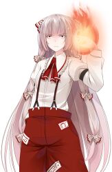  angry bow commentary_request crote embellished_costume eyelashes female fire frills fujiwara_no_mokou grey_hair hairbow hands_in_pockets highres long_hair looking_at_viewer red_eyes smile solo suspenders touhou transparent_background very_long_hair 