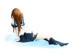  brown_hair commentary_request female from_behind hazuki_natsu no_shoes original school_uniform serafuku sitting skirt solo torn_clothes 