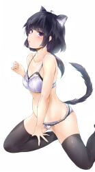  animal_ears black_hair black_thighhighs bra cat_ears cat_tail commentary_request female highres original panties purple_eyes solo tail thighhighs underwear underwear_only white_bra white_panties wingheart 