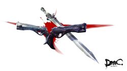  absurdres capcom devil_may_cry dmc:_devil_may_cry ebony_&amp;_ivory gun handgun highres no_humans official_art pistol pistols rebellion_(sword) shiny still_life sword weapon 