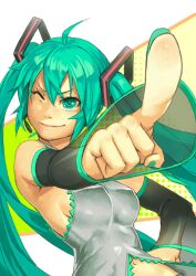  aqua_eyes aqua_hair commentary_request female foreshortening hand_focus hatsune_miku headset long_hair one_eye_closed polka_dot smile solo very_long_hair vocaloid yuuji_(and) 