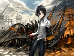  1boy bird black_hair cloud commentary_request dress_shirt gia highres male_focus mechanical_arms orange_eyes original pants shirt sky solo 