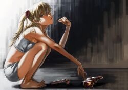  barefoot blonde_hair commentary eva_02 feet female food helmet lamchun_(2006) lips neon_genesis_evangelion photoshop_(medium) pocky rebuild_of_evangelion souryuu_asuka_langley squatting strapless toenails toes tube_top twintails 