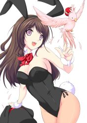  :d animal_ears bird breasts brown_hair cleavage commentary_request detached_collar female hat highres holding katori_(mocchidou) large_breasts leotard long_hair open_mouth original pantyhose playboy_bunny purple_eyes rabbit_ears rabbit_tail see-through see-through_legwear simple_background smile solo tail teeth white_background wrist_cuffs 