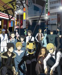  6+boys animal_helmet arm_hug black_bodysuit black_eyes black_hair blonde_hair blue_eyes bob_cut bodysuit bow bowtie brown_eyes brown_hair celty_sturluson cigarette cityscape coat commentary_request copyright_name doburoku_(dobuleed) dreadlocks durarara!! everyone fur_trim glasses hachimaki harima_mika hat headband heiwajima_kasuka heiwajima_shizuo helmet highres jacket kadota_kyouhei karisawa_erika kida_masaomi kishitani_shinra lab_coat long_hair miniskirt motorcycle_helmet multiple_boys necktie nejiri_hachimaki orihara_izaya pantyhose pleated_skirt raised_eyebrow red_eyes ryuugamine_mikado school_uniform short_hair siblings sign simon_brezhnev skirt smile smirk smoking sonohara_anri squatting sunglasses tanaka_tom togusa_saburou vest yagiri_namie yagiri_seiji yellow_eyes yumasaki_walker 