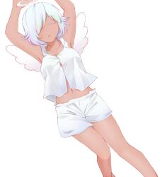  :o angel_wings armpits arms_up blue_hair closed_eyes colored_eyelashes colorized dark-skinned_female dark_skin female hair_over_one_eye imageboard_desourced kami_nomi_zo_shiru_sekai mercurius_(kaminomi) midriff navel non-web_source short_hair short_shorts shorts sleeping solo tan transparent_background vector_trace wakaki_tamiki white_shorts white_wings wings 