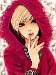  bad_id bad_pixiv_id blonde_hair bracelet eyeshadow female finger_to_face girls&#039;_generation hood jewelry lips looking_at_viewer makeup momoko_(mmkpeach) necklace parted_lips pink_eyes short_hair solo sunny_(girls&#039;_generation) teeth upper_body 