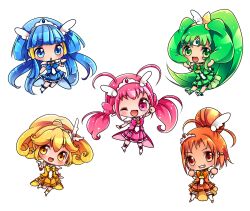  5girls aoki_reika blue_skirt bow chibi choker commentary_request cure_beauty cure_happy cure_march cure_peace cure_sunny full_body green_skirt hair_flaps highres hino_akane_(smile_precure!) hoshizora_miyuki magical_girl midorikawa_nao multiple_girls one_eye_closed orange_choker orange_skirt pink_bow pink_skirt precure skirt smile_precure uzuki_aki white_background yayoi_kise yellow_bow yellow_skirt 