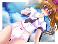  blush brown_hair collarbone commentary_request female hat himekaidou_hatate long_hair miso_panda necktie open_mouth panties photoshop_(medium) puffy_sleeves purple_eyes short_sleeves slit_pupils solo tokin_hat touhou underwear white_panties 