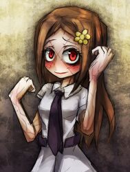  blush brown_hair carol_(skullgirls) female hair_ornament hairclip long_hair necktie painwheel_(skullgirls) ray-k red_eyes scar school_uniform skullgirls smile solo spoilers stitches tie veins 