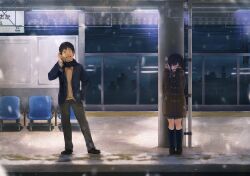  1boy bad_id bad_pixiv_id black_hair blazer cellphone chair closed_eyes coat crying female grin hand_in_pocket highres jacket kneehighs loafers long_hair night original outdoors pants phone plaid plaid_scarf sad scarf senni shoes short_hair skirt smile snow snowing socks standing taking_shelter talking_on_phone tears toggles train_station winter_clothes 