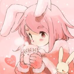  animal_ears blush capelet commentary_request cup drinking female gloves heart holding original pink_hair rabbit rabbit_ears shirotaka_(shirotaka) short_hair solo 