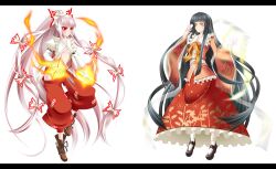  2girls alternate_eye_color arm_strap black_hair blunt_bangs boots bow cloth commentary_request dress_shirt fire floral_print frills fujiwara_no_mokou full_body hair_ribbon hairbow highres houraisan_kaguya kinoshita_tsuyuki letterboxed long_hair long_skirt long_sleeves multiple_girls no_panties open_clothes open_shirt pants photoshop_(medium) ponytail puffy_long_sleeves puffy_sleeves red_eyes ribbon shirt shoes skirt socks suspenders touhou tress_ribbon unbuttoned unmoving_pattern very_long_hair white_background white_hair white_legwear wide_sleeves yellow_eyes 