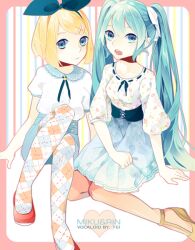  2girls aqua_eyes aqua_hair argyle_clothes argyle_legwear bad_id bad_pixiv_id blonde_hair character_name fen_renlei hair_ornament hair_ribbon hairclip hatsune_miku kagamine_rin long_hair multiple_girls open_mouth pantyhose photoshop_(medium) ribbon see-through see-through_legwear sitting twintails very_long_hair vocaloid 