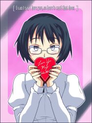  4rcher black_hair blouse blue_eyes blush box commentary embarrassed english_commentary english_text female glasses hakamichi_shizune heart heart-shaped_box katawa_shoujo school_uniform shirt short_hair solo typo valentine white_shirt yamaku_high_school_uniform 