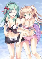  2girls bikini bikini_top_only blonde_hair blue_sky bow cloud collarbone commentary_request crescent day green_eyes green_hair hair_bobbles hair_ornament hairband hairbow highres innertube jewelry locked_arms long_hair multiple_girls navel necklace one_eye_closed open_mouth original pendant purple_eyes rasahan shorts sky smile swim_ring swimsuit twintails 