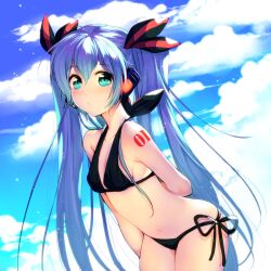  aqua_eyes bikini black_bikini blue_hair chachie cloud commentary_request day female hatsune_miku headset highres leaning_forward long_hair navel photoshop_(medium) side-tie_bikini_bottom sky solo swimsuit twintails very_long_hair vocaloid 