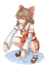  ascot bare_shoulders bow brown_eyes brown_hair bryanth commentary_request detached_sleeves female full_body gopnik hair_tubes hairbow hakurei_reimu long_hair mary_janes red_bow red_skirt shoes simple_background skirt skirt_set slav_squatting solo squatting touhou white_background 