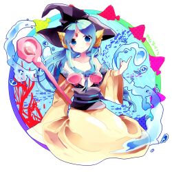  bad_id bad_pixiv_id bare_shoulders blue_eyes blue_hair blush female front_ponytail hat long_hair magi_the_labyrinth_of_magic sakurato_remi shell shell_bikini solo staff water witch_hat yamuraiha 